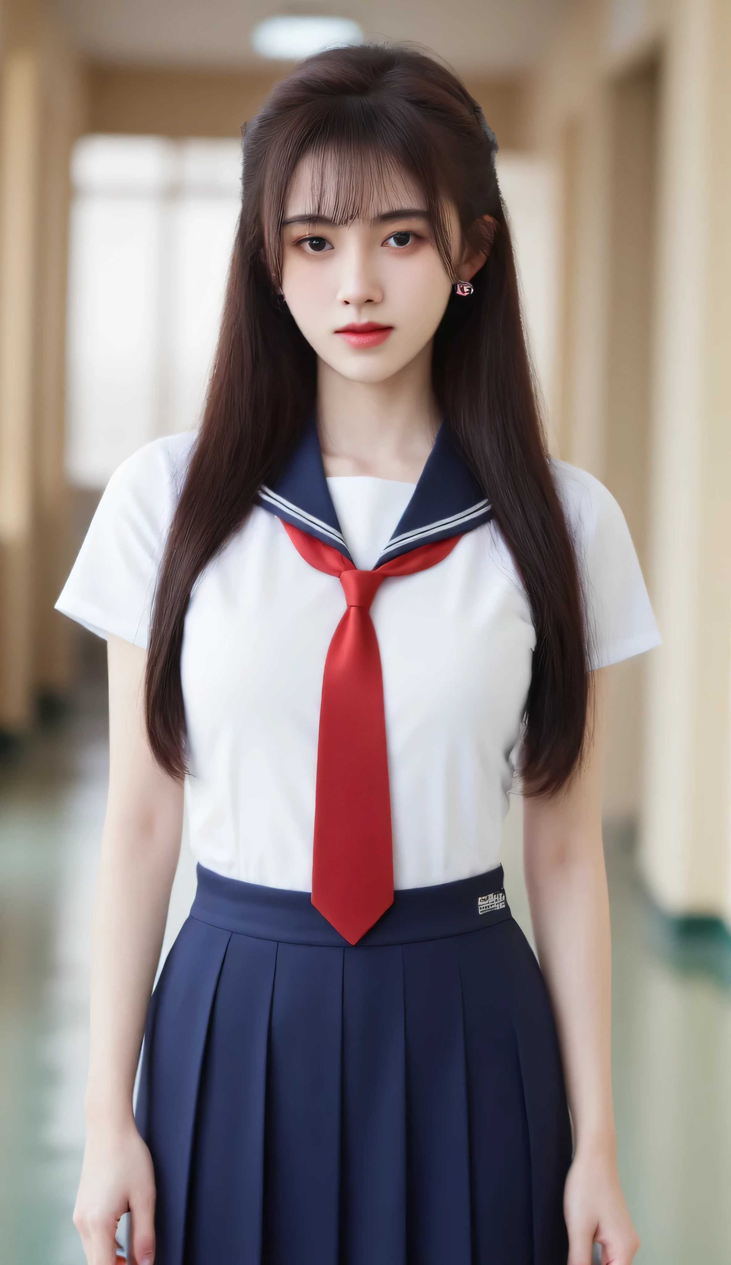 1girl, long black hair and bangs, large breast, slim waist, standing on a school hallway, wearing Japanese sailor school uniform with white base, navy list, and red tie. Uniform covered the belly, short sleeve
mid-shot, centered framing, eye-level angle,
RAW candid cinema aesthetic, shot on 16mm film and color-graded Portra 400, photorealistic storytelling masterpiece
