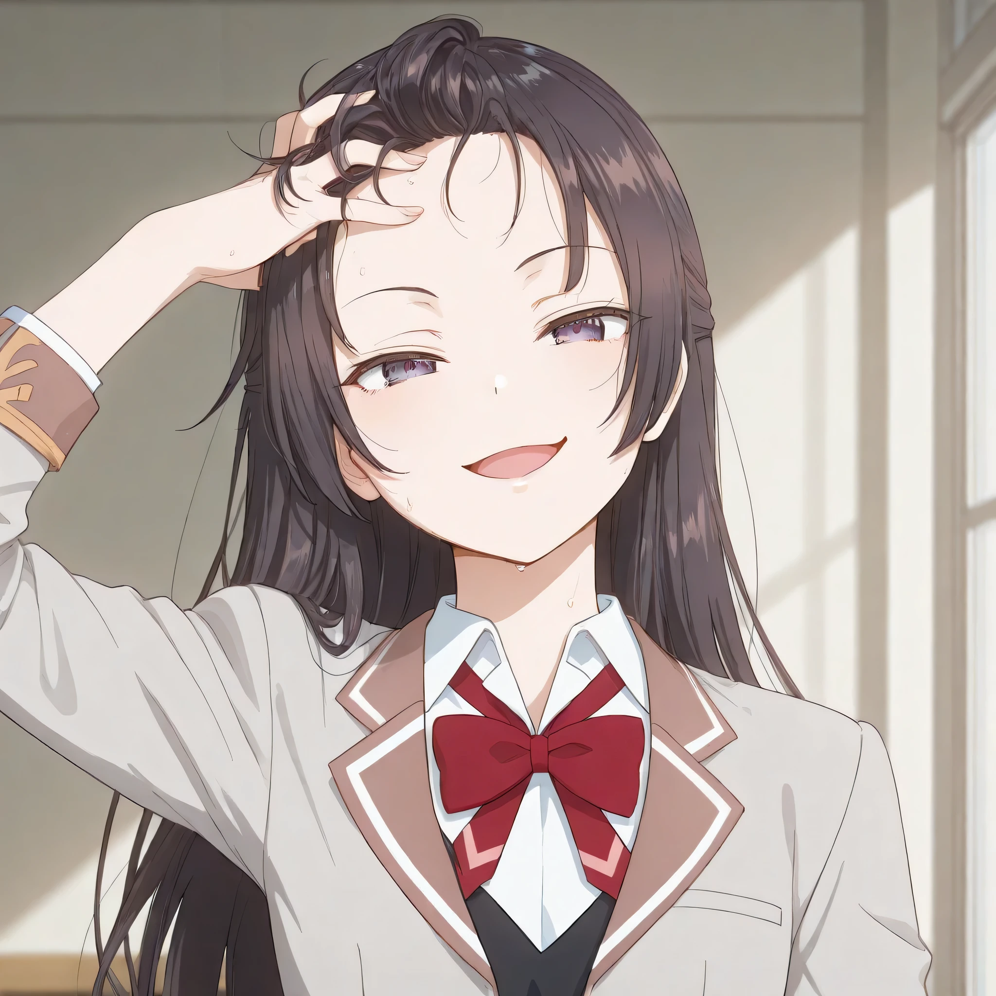 yuki suou, view from front, head tilt, small breast, school uniform, looking at viewer, smug, open mouth, attractive look, hand on hair, showing forehead, looking confident, sweat