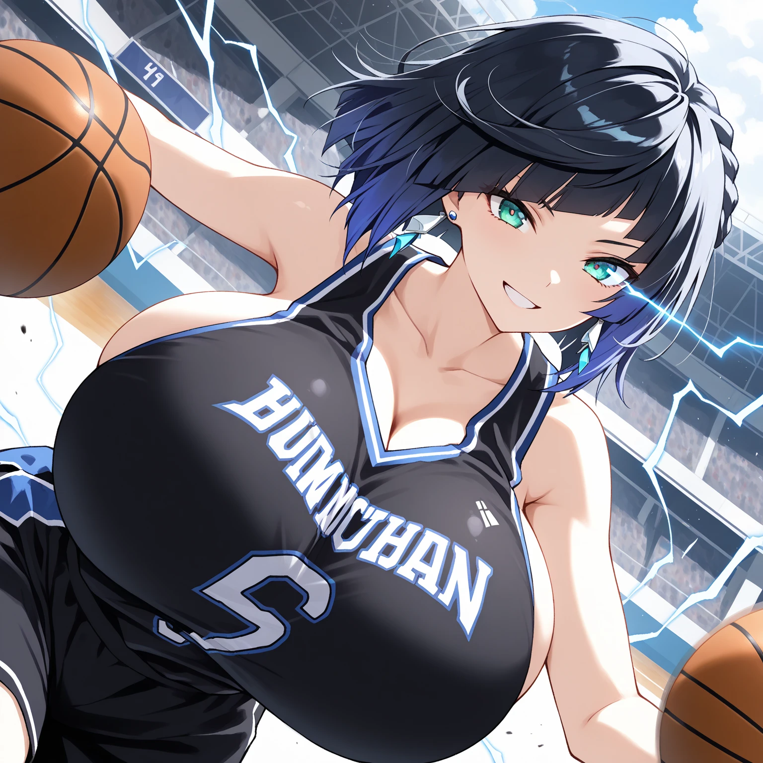 masterpiece, best quality, ultra detailed, sparkling eyes, ((smile)), (((huge breasts))), The image depicts an anime-style illustration of a young woman playing basketball outdoors. She is in the middle of a jump shot, holding a basketball above her head with both hands, poised to shoot. Her athletic attire consists of a black sports tank top and black shorts, both with white and red accents, displaying a sports logo and some text. She is also wearing athletic shoes, The setting appears to be an outdoor basketball court, with a clear blue sky and some clouds visible in the background. There is a chain-link fence and part of a building visible, indicating a typical urban sports facility. The character has a focused expression, with dark hair tied back in a ponytail, emphasizing her active and sporty demeanor. The image captures a moment of action, conveying energy and athleticism. 