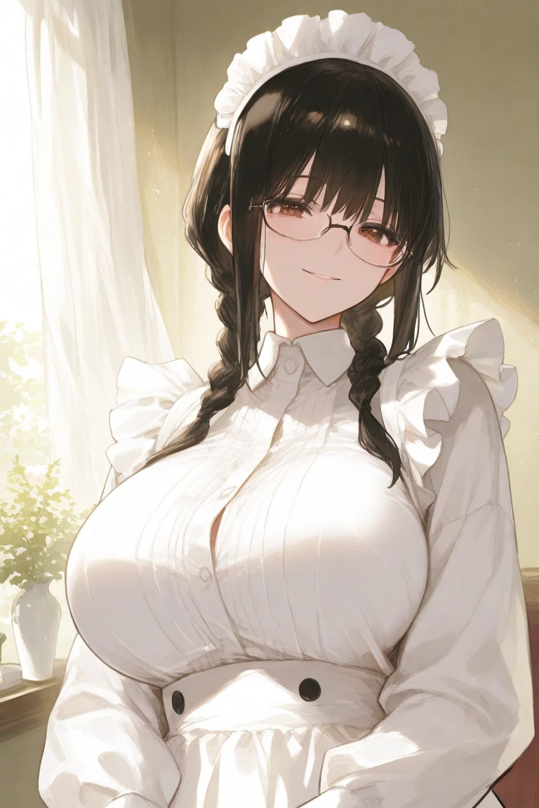 {{masterpiece}},high quality, 4K, 2D, 1 girl,{simple gray background},(attractive mature lady:1.6),milf,standing,sagging breasts,(gigantic breasts:1.5),maid,front face,{{tareme}},attractive mature lady,black hair, {from right in front of face and body},View viewers from front,{front facing shot},Wear glasses,(serious:0.1)