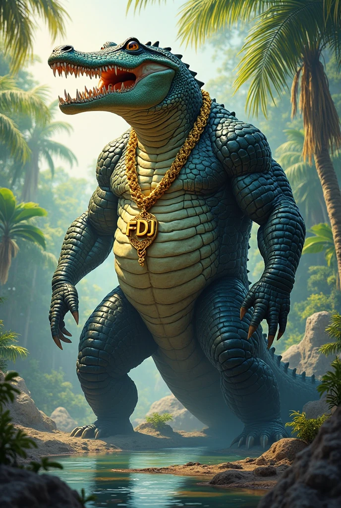 BIG AND STRONG CROCODILE STANDING WITH GOLD CHAIN WITH NAME FDJ