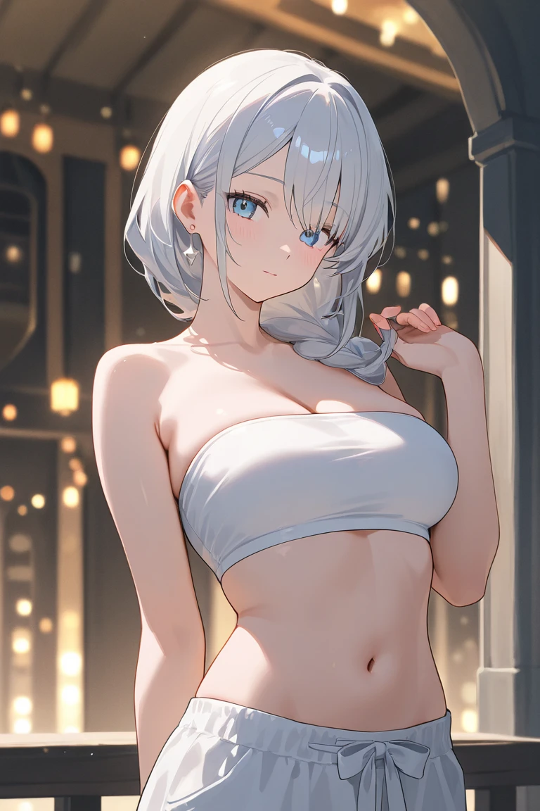 Silver-haired woman, Upper Body, Blushing, White tank top, Flat Chest, Plain background, Spotlight, masterpiece, highest quality, Highest quality