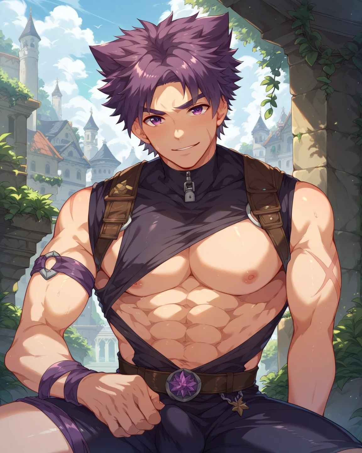 (masterpiece, best quality), 1 juvenile，Young boy，Keep your eyes wide open，largeeyes，a baby face，Juvenile faces，???'s face，nakeness，ssmile，Huge amethyst，Amethyst Cave，Caves in the water，Flat chin，Clear briefs，bare pectorals，Short purple hair with a very light color,Heterochromic eyes, 复杂,Black collar， nakeness，Clear briefs,Pectoralis abdominal muscles，vivd colour,(depth of fields:1.2),(abs),looking at viewert，spreads her legs apart，Close up