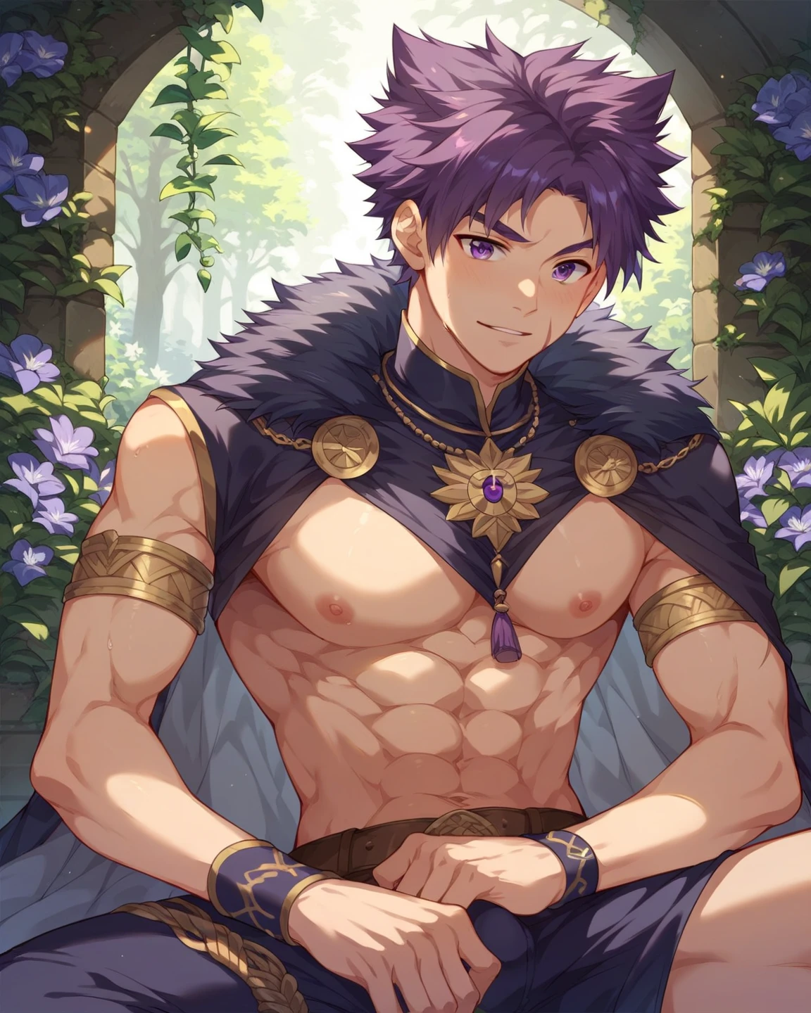 absurdres, highres, ultra detailed, HDR, master piece, best quality, extremely detailed, detailed face, detailed eyes, Judar, black hair, segmented long low ponytail, expressive red eyes, Magi: The Labyrinth Of Magic, solo, sexy man, handsome, manly man, sensual, Indian white chunnari around his shoulders, small short-sleeved black midriff-baring choli, black Indian pants, sitting, golden necklace with a ruby, golden bracelets, garden, cherry blossoms, pink petals, pink flowers, pink butterflies, blue sky, fantasy, magical