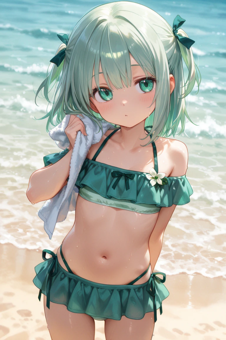 (Browsing Caution:1.3)、 ,Pokemon Riko, Hair Clip、(Frill bikini wiTh whiTe minT green lines:1.2)、blue eyes、
,,,SweaT, weT wiTh SweaT, Shin, Heel, feeT, Five Fingers, Beautiful Hands, , alone, , feeT, (socks:0),I'T'flip flops, Release feeT, , Release feeT, Sandy Beach,,dim、evening、, Thin, No muscles, Normal body,