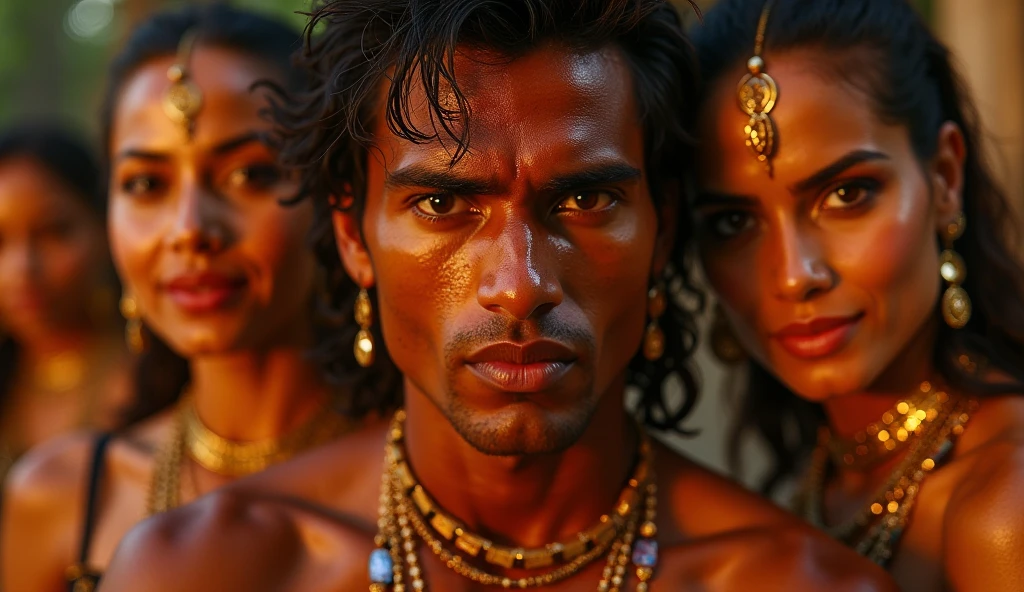 Create an image of an indigenous chief, 40 years old, high, thin and strong, dark brown skin, short hair with some gray, that he is wearing a feather crown and has a spear in his hand, that several indigenous women from various countries appear in front of her and around her, beautiful