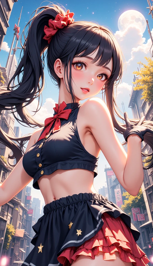 One Girl beautiful girl Hatsune Miku Hair color: green or blue bust size change Make your breasts very big Big Breasts Cheerleader uniform Sports Bra mini skirt Very short mini skirt Low - Angle Low rise Underskirt Panty lines smile Y-shaped balance Spread your legs