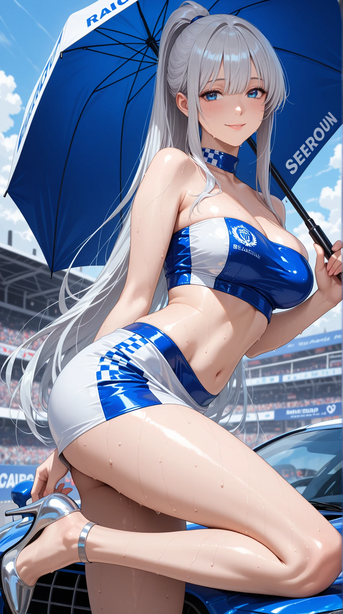 Highest quality、super high quality、16K, Breast size is random、Tasty ass、Facial expressions are random、The location is a circuit、 Hair color is silver hair、Pose standing、The distance is random、The angle is from the side、Small face、Very delicate facial expressions、Delicate eye depiction、Highly detailed hair、Erotic、18-year-old female、Glowing Skin、Soft Skin、topless、The only sexy Japanese woman、Race queen outfit random、