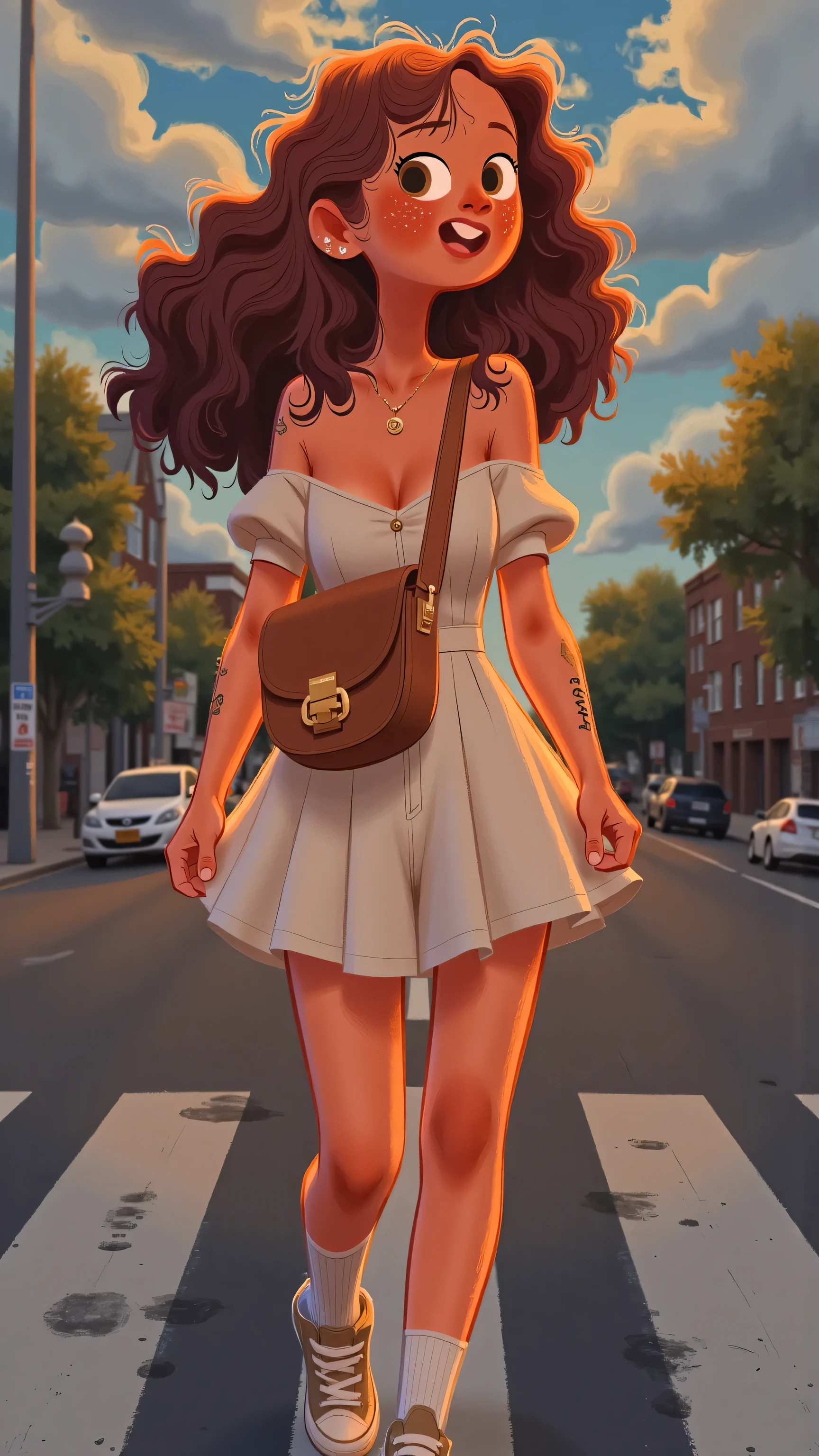 Panoramic aerial view front view+hand shake，creates a real sense of thrill；The heroine turned her back to the camera，A man crosses the street wearing a brown bag，long brown hair，wearing a white dress，white socks and colored sneakers；On a cloudy street corner； illustration style 