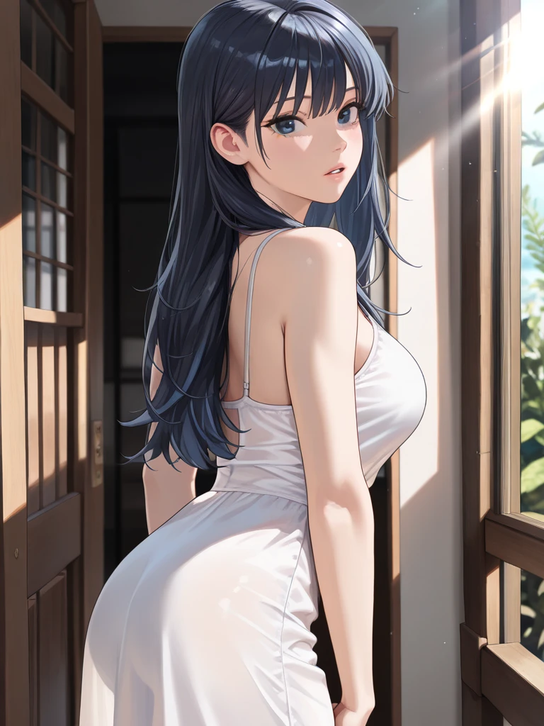 girl, sweat, medium breast, shy, detailed hand, looking at viewer, lips apart, dynamic shadows, transparent clothes, slight smile