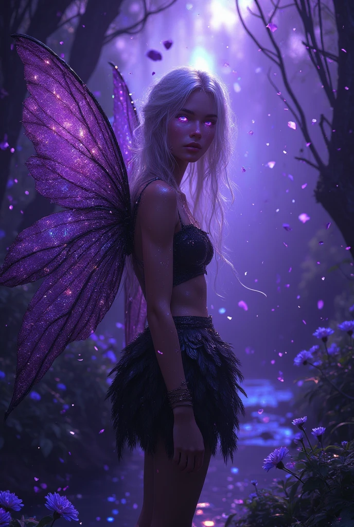 "A stunning, otherworldly woman with radiant amethyst purple features, her naked form sensuously adorned with delicate, semi-transparent veils that barely cover her. Her eyes and hair shimmer with an alluring amethyst glow, seamlessly blending with the ambient surroundings. The scene is set in a mystical digital forest, where holographic foliage and flowers pulse with a soft, mesmerizing purple light. Her skin, subtly iridescent, reflects the amethyst glow in captivating patterns that emphasize her every curve. As she moves with graceful fluidity among the glowing flora, her expression is irresistibly enchanting, embodying the essence of a cybernetic siren in a rich, neon-lit paradise.", cleavage, thigh, short skirt, sexy, wide demonic wings