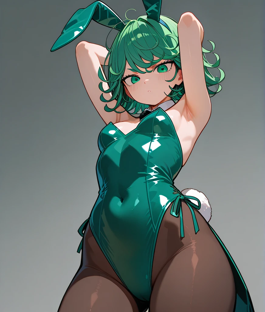 masterpiece full body,bunny,leotard,Fishnet tights, covered large penis:1.3, bare breast,bare shoulders,bare arms,dark green medium hair,otoko no ko,male focus,1boy:1.2,solo,looking at viewer,smile,hair between eyes, simple background,blue eyes