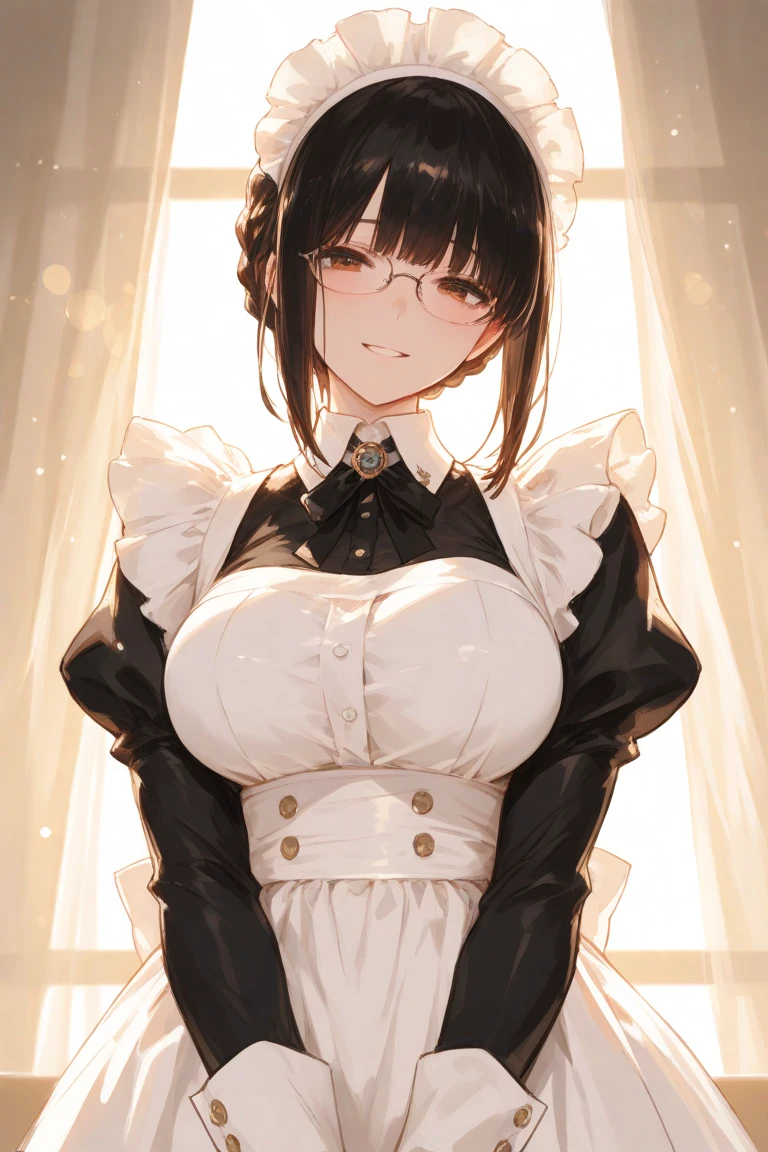 {{masterpiece}},high quality, 4K, 2D, 1 girl,{simple gray background},(attractive mature lady:1.6),milf,standing,sagging breasts,(gigantic breasts:1.5),maid,front face,{{tareme}},attractive mature lady,black hair, {from right in front of face and body},View viewers from front,{front facing shot},Wear glasses,(serious:0.1)