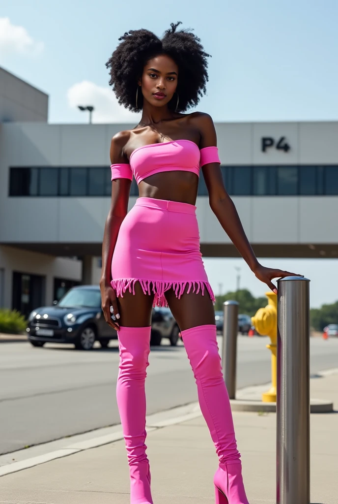 (Best Quality), (Masterpiece), (detailed), Beautiful black woman, 19 years, happy, celebrating, pink balloons, and silver, small thin crown on the head, pink veiled skirt and short pink blouse, small breasts, big legs, big butt with accessories in hand made of silver material, 4k, staring at the camera.
