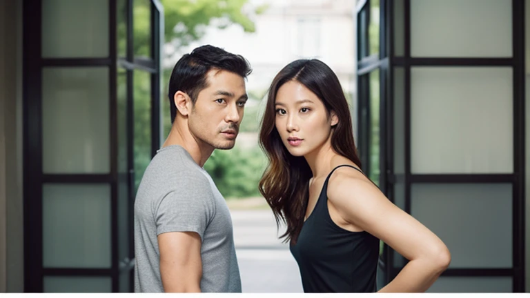  asian woman, sexy dress,standing with white man, tall, muscular,outdoor, front pose