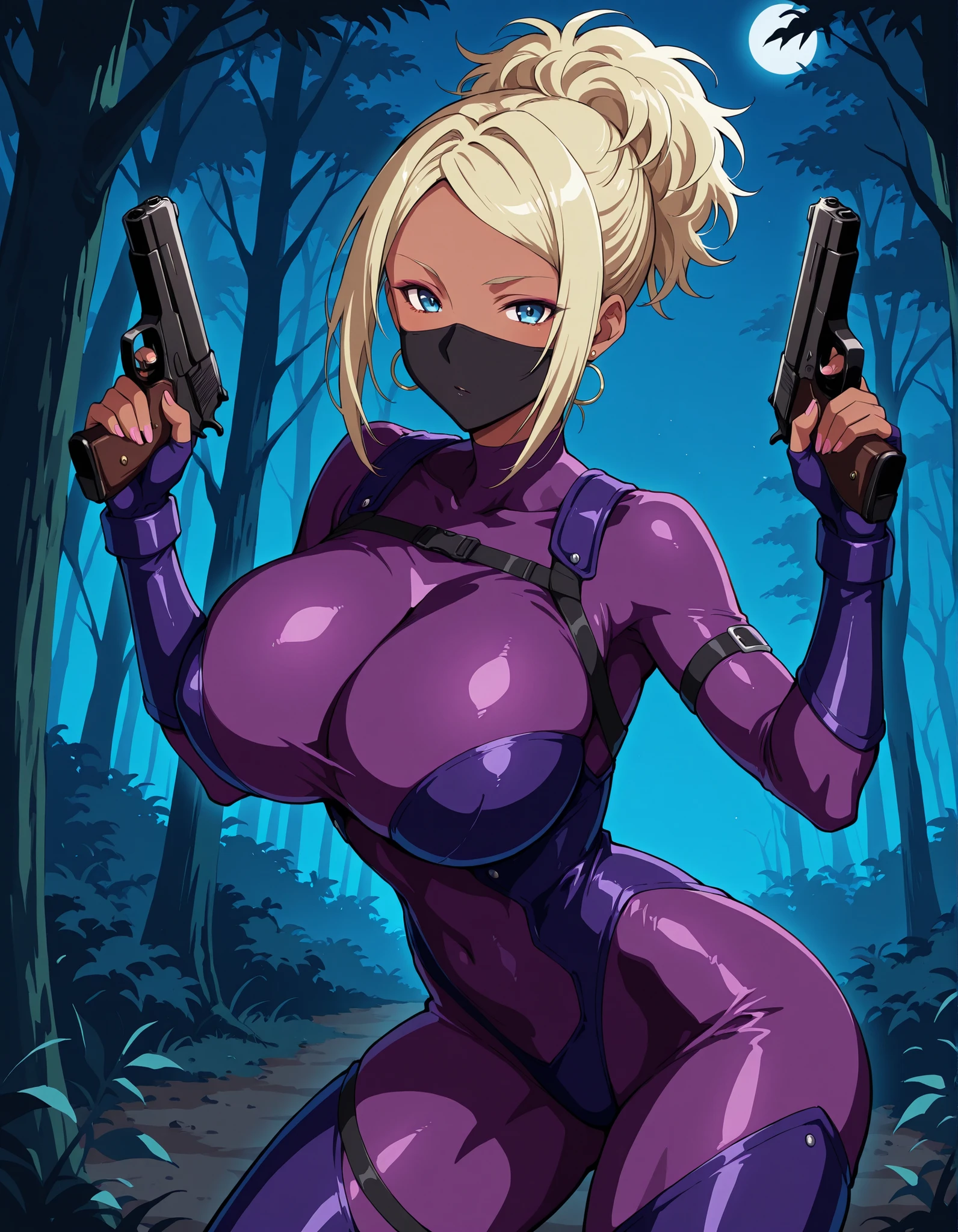Score_9, score_8_up, score_7_up, source_anime, Kuroko, solo, dark-skinned female, huge_breasts, blonde_hair, hair up, blue_eyes, earrings, gal, (best quality), (high quality), {masterpiece}, extremely delicate and beautiful, ultra-detailed, beautiful detailed eyes, ruanyi1072, purple bodysuit, ninja, skin tight, armor, forest, night, holding handgun, shooting, ninja mask, dynamic pose