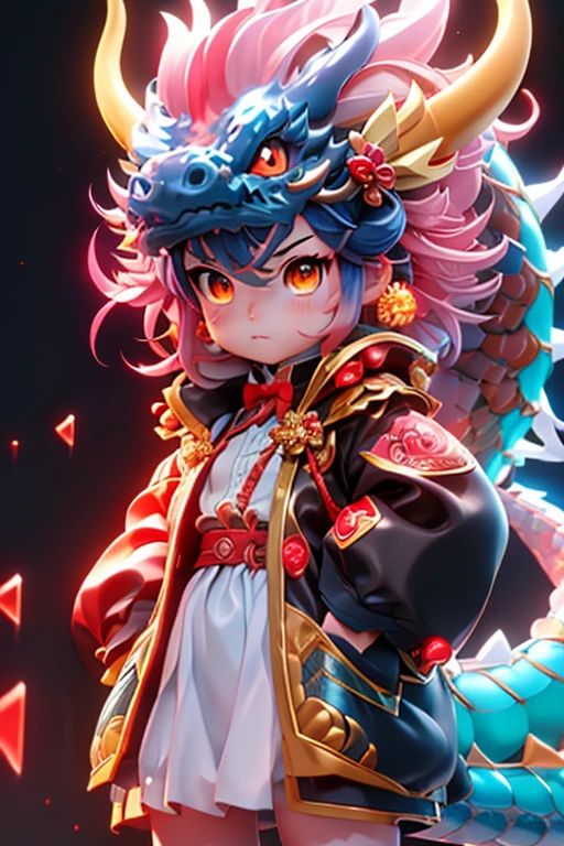 masterpiece,best quality,blue crystal sparkle dragon,In the style of Kavasi,shining eyes,(：1.2),(:1.2),Bluish hair,yellow eyes, (Blue and red silk jacket),high ponytail,white collar shirt,hair flower,toss hair,Floating hair,frown,black skirt,red bow tie,(alone),Snake head