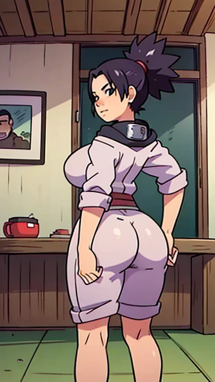 Chichi, very white skin with black eyes and hair, Has a Hime Hairstyle (Bangs and two long strands in front), wears a blue cheongsam with red pants, bracelet and shoes, In addition to having white tabi socks and a red sash. In this appearance she also wore the hime hairstyle, only part of her hair is tied up in a ponytail., big ass, big butt, big and thick buttocks, sexy legs , big chest, extremely tight clothing, showing huge ass, exposed ass, naked ass, micro tanga V-String