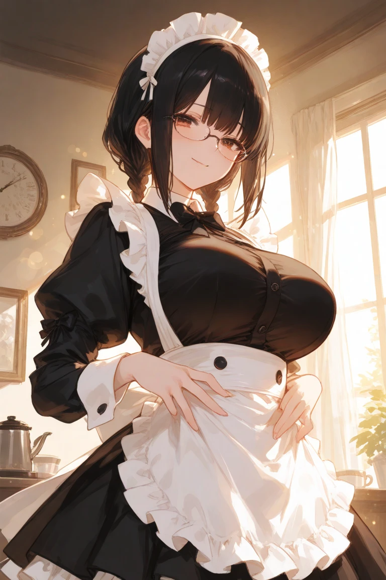 One Woman、beautiful girl、Maid、20-year-old、Bobcut、Western-style building、Maidの制服、Maidカチューシャ、Short skirt、Black Pantyhose、Highest quality, smile,Big Breasts、Very big boobs、Put your on the table、 sinking into the table、Put your boobs on the table、Bust up angle、Place breasts on table、Put your boobs on the table、Place your chest on the table、Poses that emphasize the breasts、Sit on a chair、Put your on the table