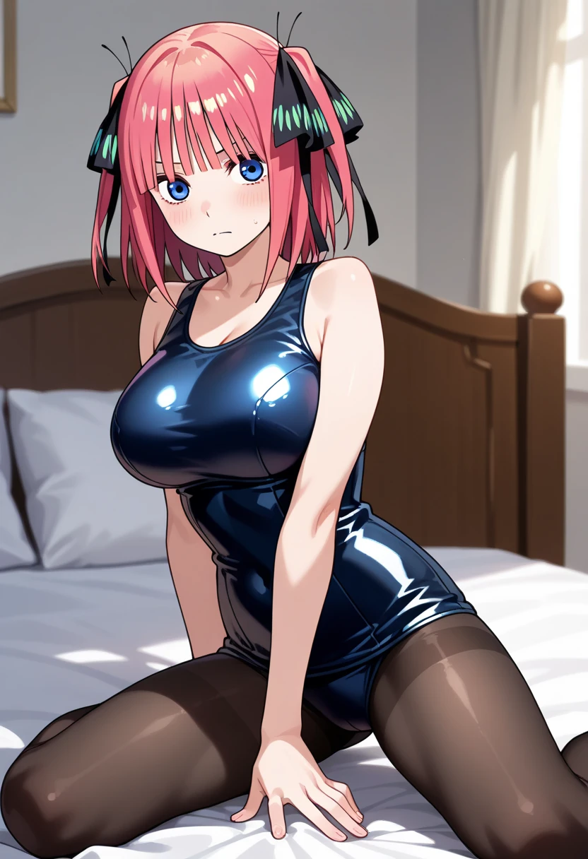 best quality, ultra-detailed masterpiece, nino nakano, one-piece swimsuit, breasts, pantyhose, blush, smile, cushion, bed room