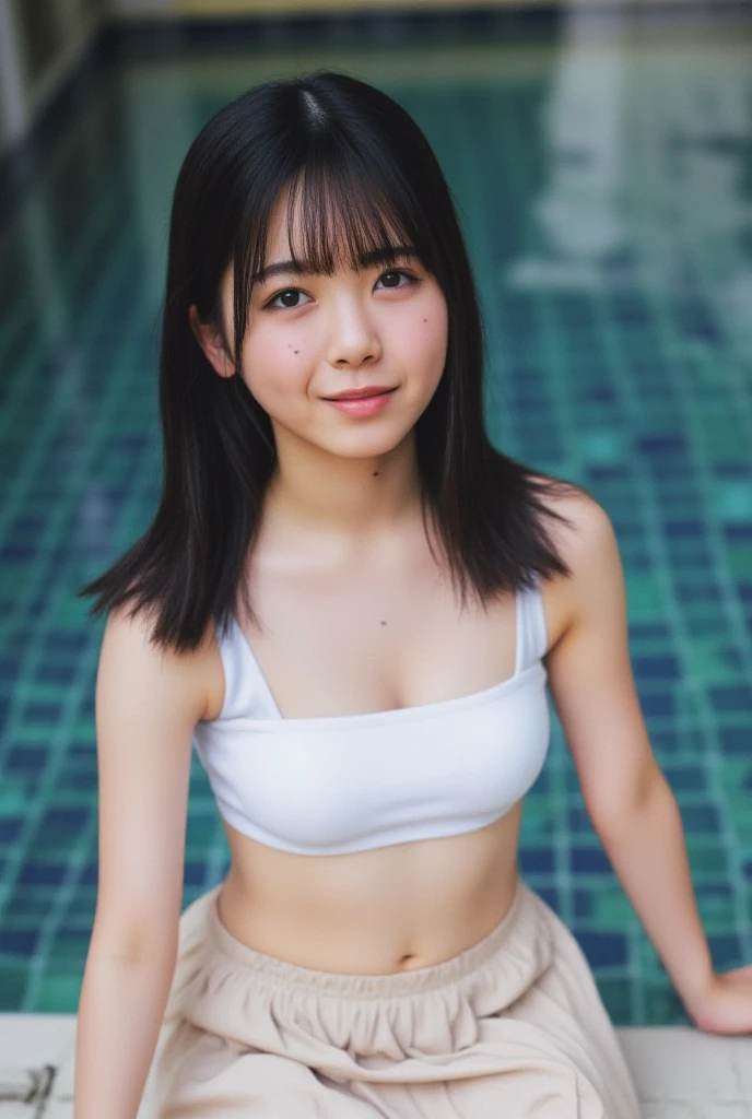 frame in, from right in front of face and body, view straight on, upper body, High quality, very high res, High quality, cute girl, (straight hair:1.2), black hair, forehead, medium hair, cowboy shot, (topless:1.2), small breasts, pale pink nipples, smile, at beach
