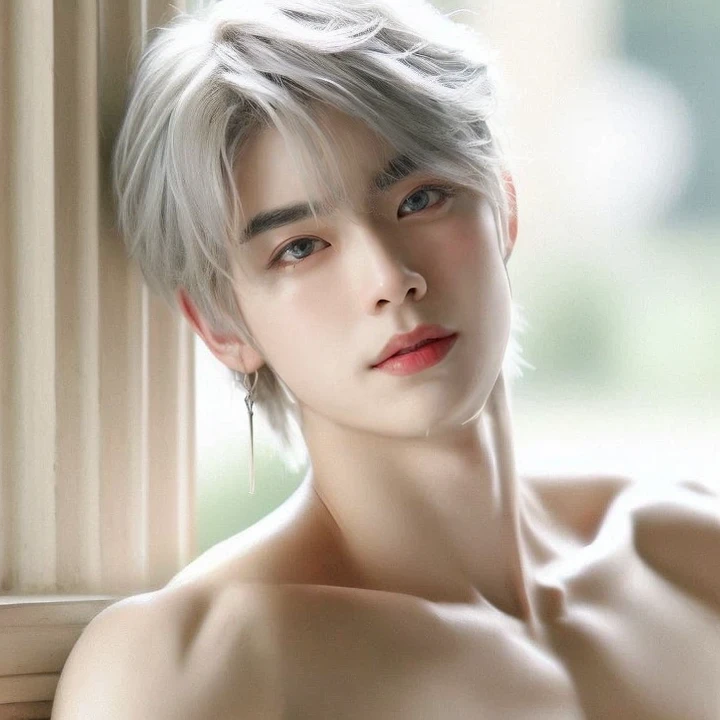 ((masterpiece)), ((best quality)), ((high resolution)), ((Detailed background)), ((extremely detailed)), alone, Young men,white hair,short hair,Smile,6 pack abs,Sexy胸肌,Sexy, thin body,detailed body, in the room,The perspective is viewed from the bottom up ,