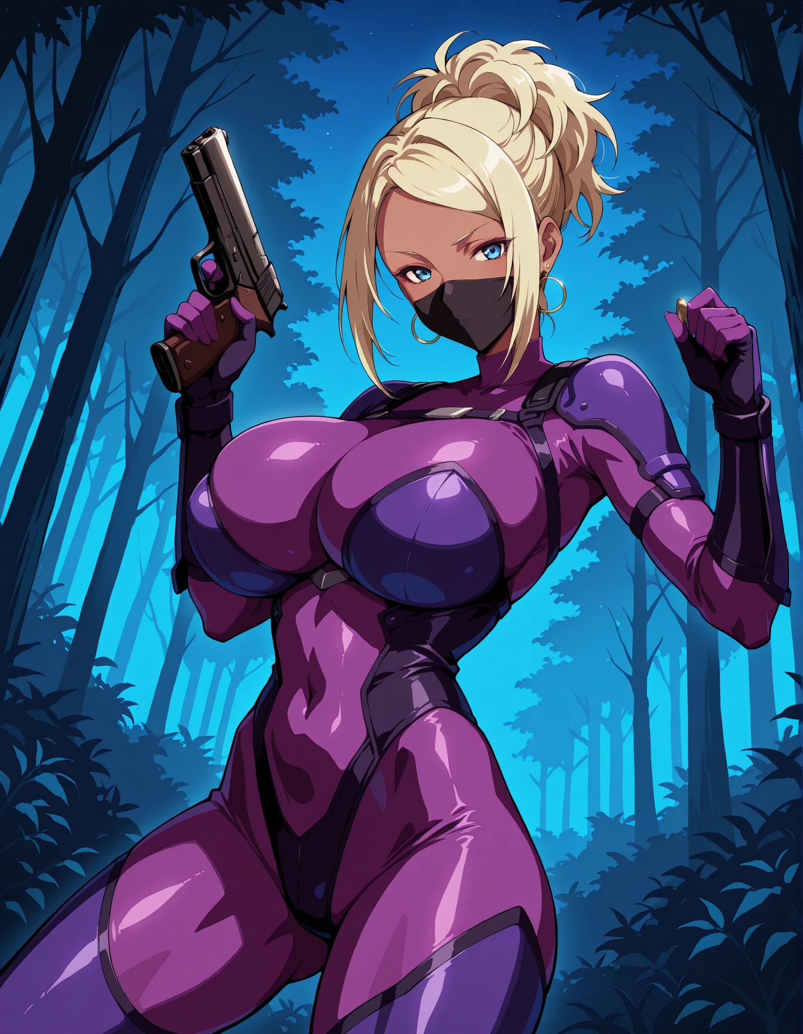 Score_9, score_8_up, score_7_up, source_anime, Kuroko, solo, dark-skinned female, huge_breasts, blonde_hair, hair up, blue_eyes, earrings, gal, (best quality), (high quality), {masterpiece}, extremely delicate and beautiful, ultra-detailed, beautiful detailed eyes, ruanyi1072, purple bodysuit, ninja, skin tight, armor, forest, night, holding handgun, shooting, ninja mask, dynamic pose