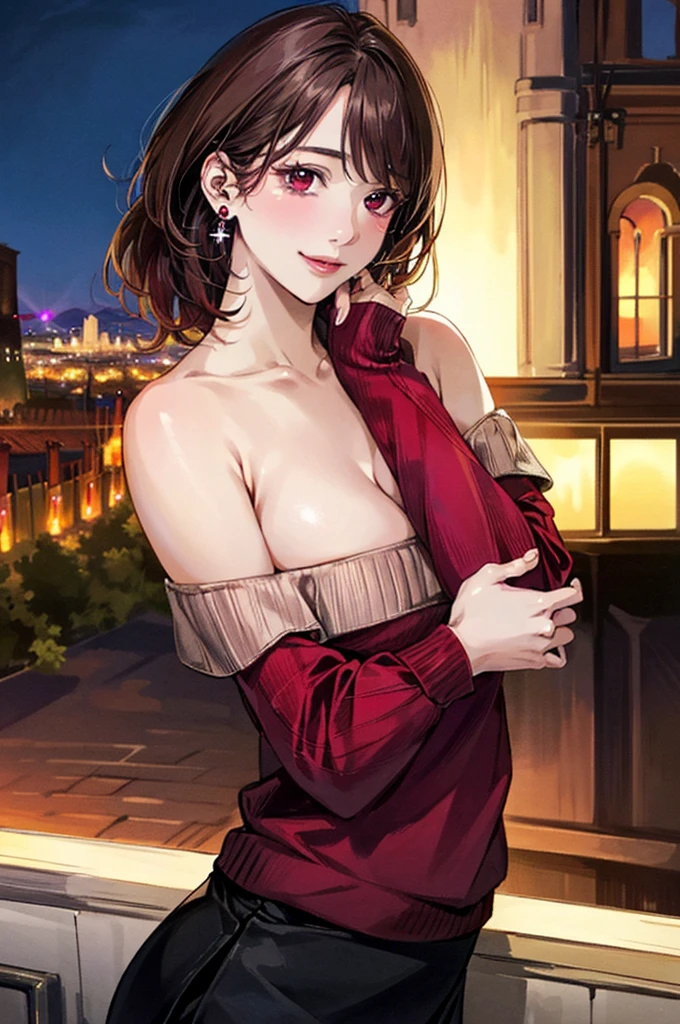 (masterpiece:1.3, Highest quality, Ultra-high resolution, Very detailed), (Realistic, photoRealistic:1.4), Beautiful illustrations, Perfect lighting, Natural light, colorful, Written boundary depth, Surrealism,
Beautiful detailed hair, Beautifully detailed face, Beautiful attention to detail, Beautiful clavicle, Beautiful body, Beautiful breasts, Beautiful thighs, Beautiful legs, Beautiful fingers,
View your audience, 1 Girl, Japanese, high school girl, (Perfect Anatomy, Anatomically correct), Cute and symmetrical face, Baby Face, Perfect Face, Perfect Eyes, Shiny skin,
(Medium Hair:1.8, Side Ponytail:1.1, (Chestnut Hair)), Hair between the eyes, (Golden Eyes), Slanted Eyes, Long eyelashes, (Large Breasts:0.8, Captivating thighs),
((Trump Patten Red Gown, Black tube top, Black patent leather shorts, Black Choker, 2 Brown Belt), Yellow hair scrunchie),
(Beautiful views), summer, evening, (Downtown), Very sexy, (Cute Smile, Upward glance),
