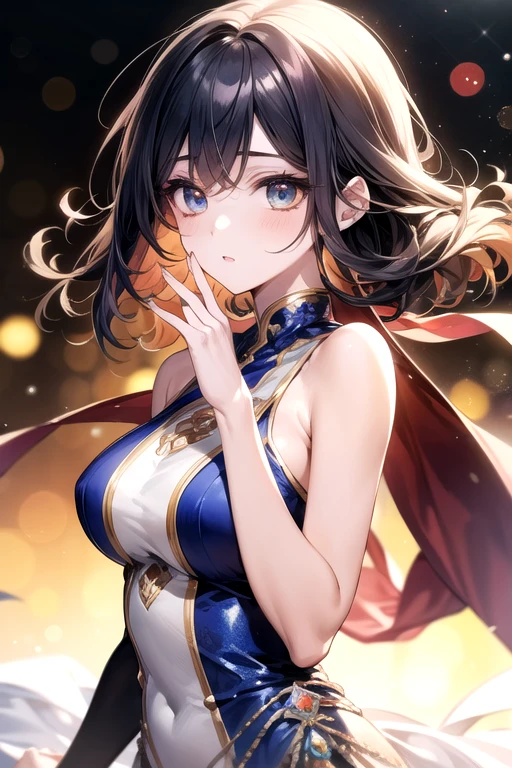 ,Purple short sleeves,Black tunic,Huge,long skirt,Bigchest,exquisitedetails,Perfect details,sideface,White shirt,short detailed hair,nedium breasts,largeeyes,Black eyes,Sparkle,edge lit,long eyelasher,Based on physical rendering,adolable,Lateral face,with a round face,ssmile,8K,8K high quality detailed art, Beautiful 2D portrait,firework background,Extremely quality,tmasterpiece,Need,Overlooking the eve of Chang'an, Gorgeous tiara