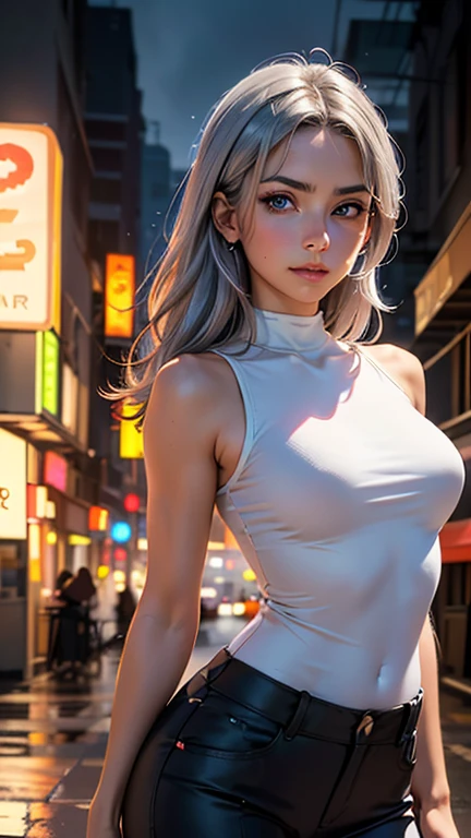 ((best qualtiy)), ((tmasterpiece)), (the detail:1.4), 3D, A beautiful cyberpunk female image,hdr（HighDynamicRange）,Ray traching,NVIDIA RTX,Hyper-Resolution,Unreal 5,Subsurface scattering、PBR Texture、post-proces、Anisotropy Filtering、depth of fields、maximum definition and sharpness、Many-Layer Textures、Albedo e mapas Speculares、Surface coloring、Accurate simulation of light-material interactions、perfectly proportions、rendering by octane、Two-colored light、largeaperture、Low ISO、White balance、the rule of thirds、8K raw data、Raised translucent top, Smaller top, Smaller white lace shorts, Raised, mature feminine, flattering eyes, white lace translucent top
