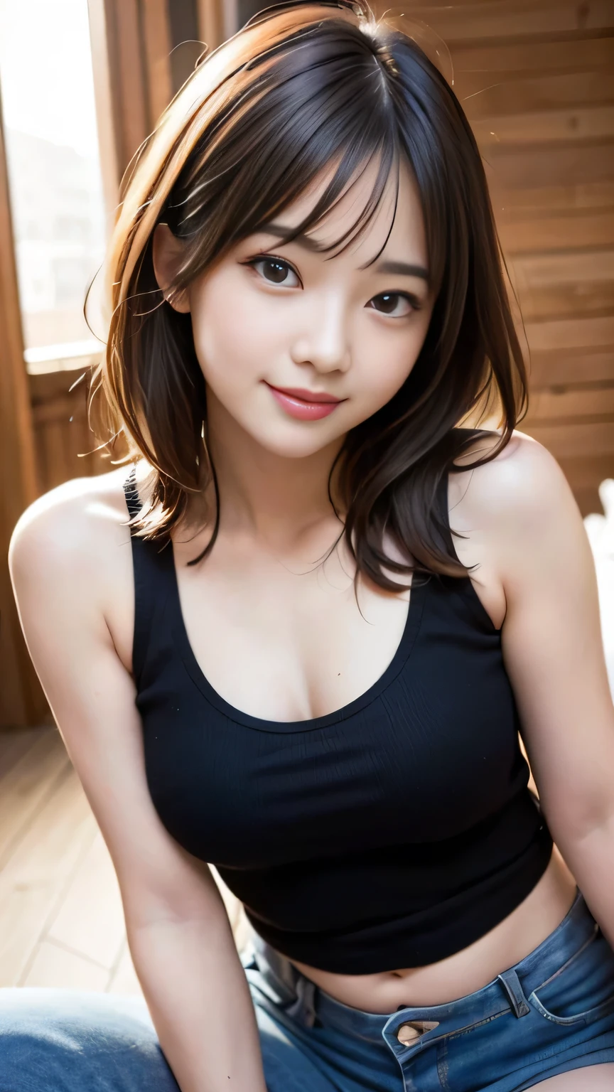 1 japanese woman, 40years old, baby face, full body, realistic nipple, srealistic private parts, ((small breasts:1.5)), brown hair, hair between eyes, tareme, eyeball, parted lips, bright pupils, hairpin, smirk, shy, annoyed, blush, ((squatting down)), ahoge, long hair, (melasma), Viewpoint from above, (office), evil smile, bright pupils, doyagao, chin grab, oral invitation, freckles, open mouth, licking lips, torogao, excited, no-bra, panties, f/2.8, 35mm, Canon, depth of field, first-person view, glowing light, Surrealism, Hyperrealism, close-up, sideways, UHD, masterpiece, textured skin, super detail, high quality, 8k, high details,AsianEyesEra
