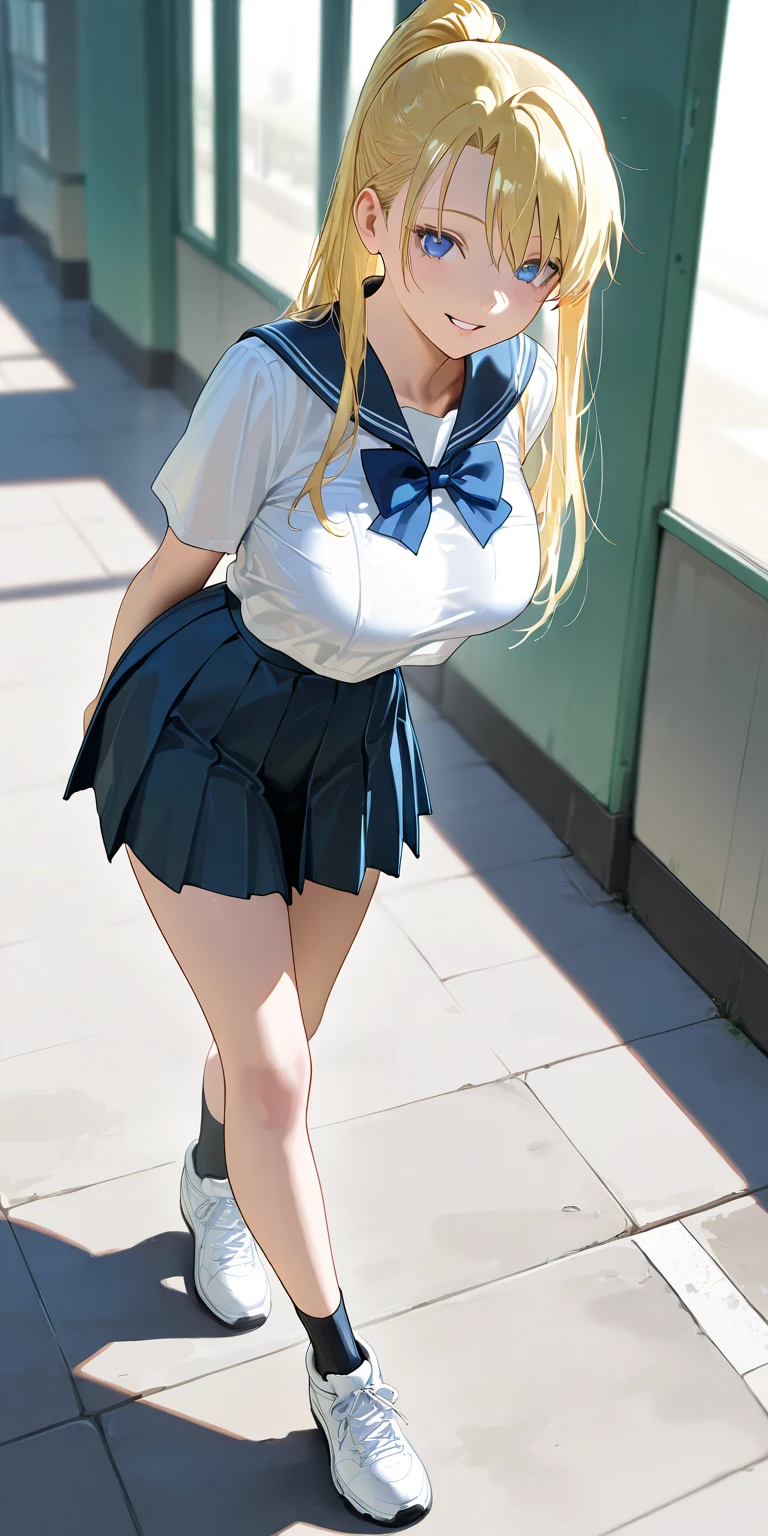 (((link(the legend of the zelda and school uniform covered full body))),((gender bender,yellow hair,blue_eyes,cowboy shot,hair between eyes)),((link(the legend of the zelda) is a milf and lascivious,42 years old,huge breasts:1.5,school uniform covered full body))