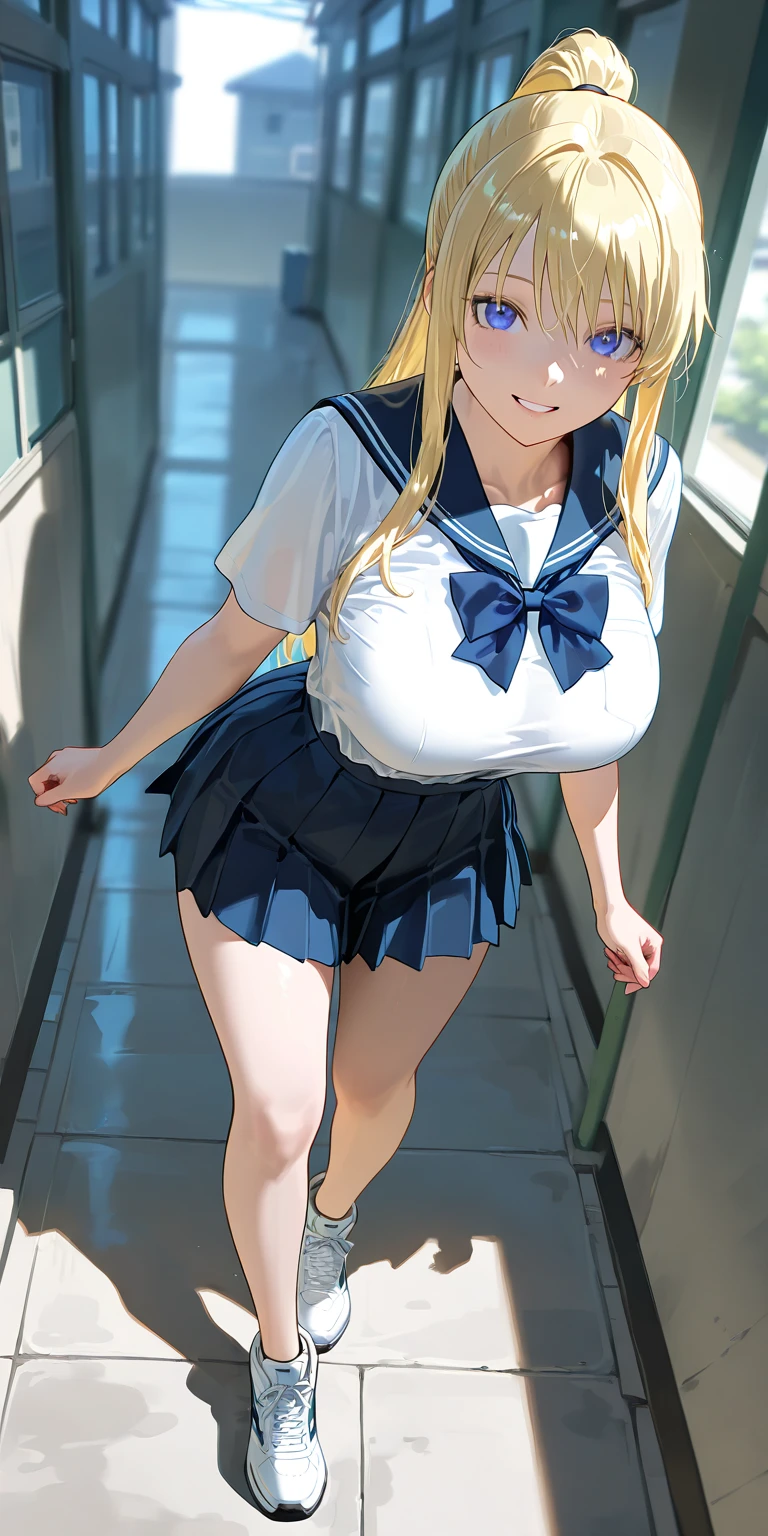 (masterpiece:1.2、highest quality、T Masterpiece)、1 female、alone、classroom、Day、stand、blonde、ponytail、blue eyes、(sailor suit:1.4)、(black skin:1.4)、big breasts、pantyhose、corset、hoop earrings、lipstick、mini skirt、very sweaty、Ring Choker、Scrunchie、blush、covered chest、Bangs braids、(Hung by a rope:1.4)、(Tied up legs floating:1.4)、leaning forward、(hogtied:1.2)
