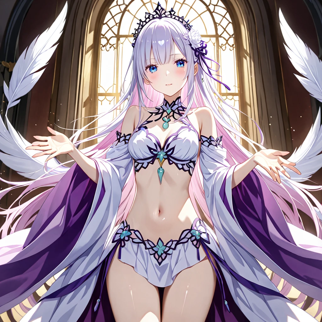 1girl, anime, cute girl, blank background, white background, fantasy, detailed dark fantasy dress with highlights, beautiful face, beautiful eyes, dark colors, Emilia re:zero, purple eyes, Emilia, crown braid, x hair ornament, flower hair ornament, white hair, long hair, medium breasts,, slightly small breasts, slight cleavage, beautiful skin, cute, breast curtains, extremely delicate and beautiful, (beautiful detailed face:1.0), (detailed deep eyes), symmetrical breasts, deep eyes, shiny skin, portrait, slender waist, hips wider than shoulders, thighs, young girl, expressionless