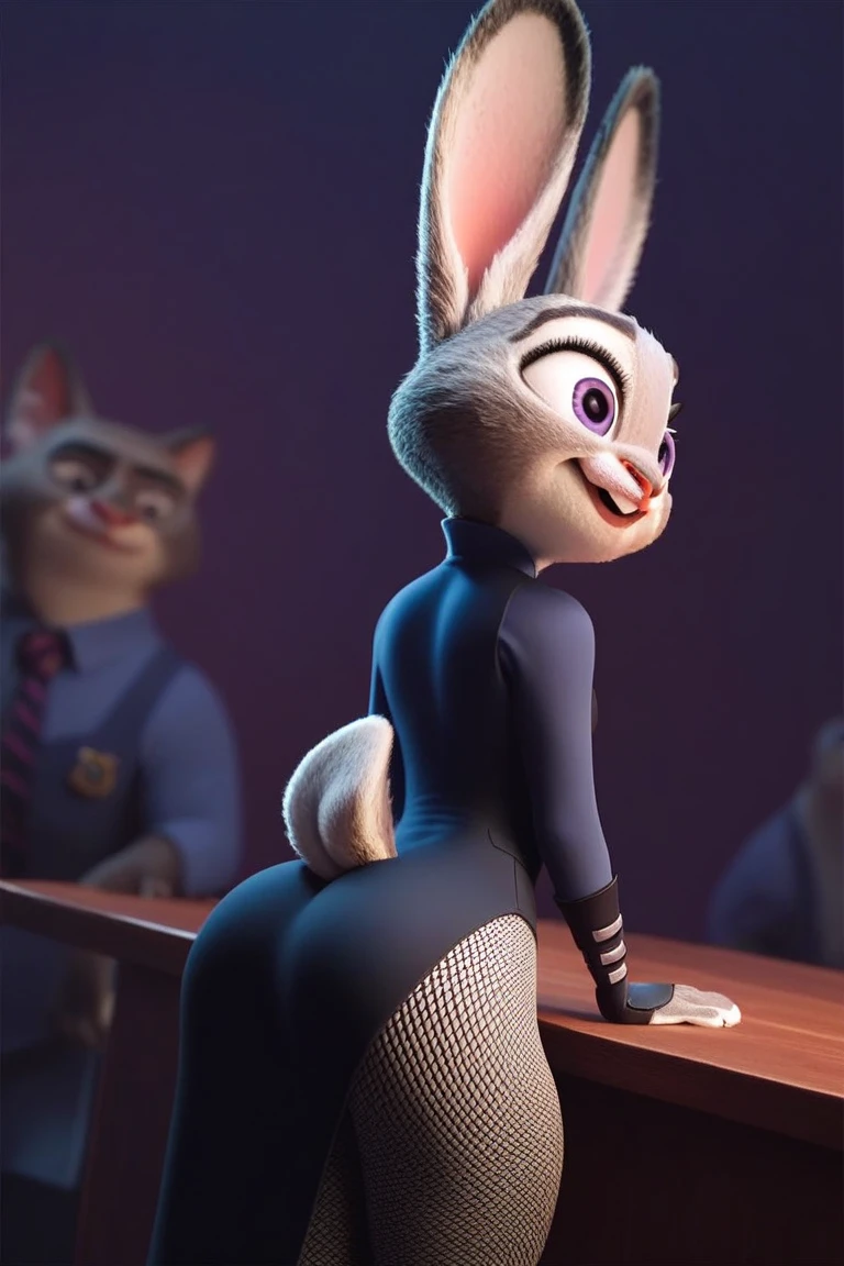 judyhopps, purple eyes, rabbit, rabbit ears, rabbit girl, (((black skirt suit))), (((three-piece suit))), (((dress shirt))), (((necktie))), (((blazer))), (((suit jacket))), ((waistcoat)), double-breasted waistcoat, (((leather bodycon miniskirt))), pocket square, cufflinks, tie clip, makeup, eyeshadow, mascara, eyeliner, sultry, blowjob, fellatio, deepthroat, facefuck, oral sex, high heels, cum on face, male tiger, size difference, short, squatting, shiny clothes