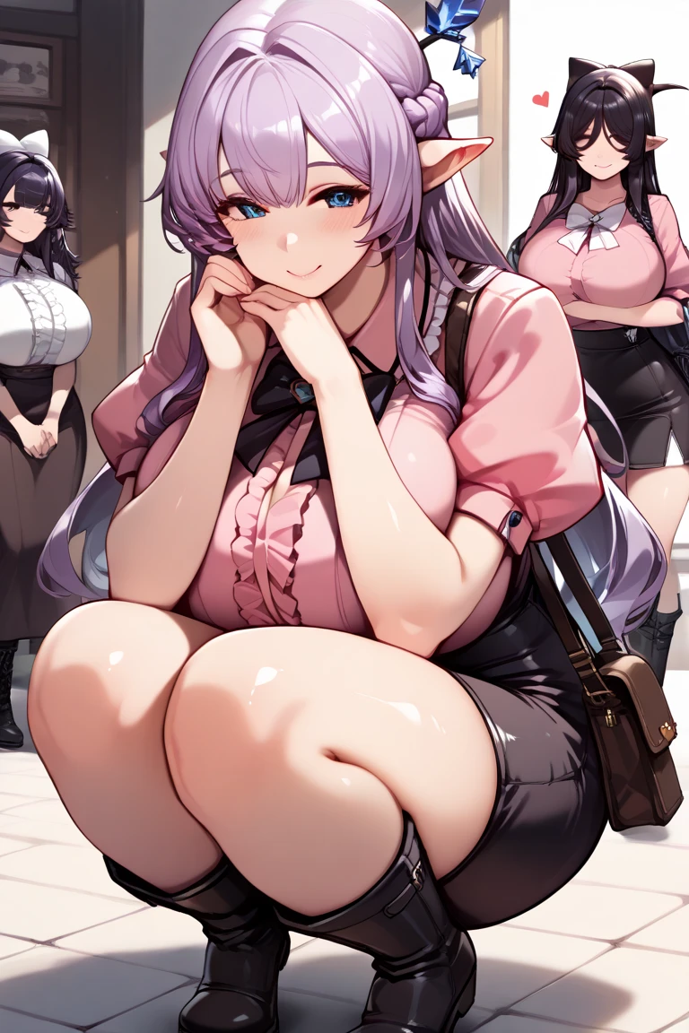 (Full body photo:2.0), (An 18-year-old Elven girl:1.5), (absurdly large breasts:1.5), (she's wearing pantless black maid attire with white apron:1.3), (she's inside a crowded train doing sexy poses:1.5), (extremely tight outfit on her body/very short outfit and pquena:1.9), (she has purple hair:1.3),  (she has blue eyes:1.3), (She's/reddened cheeks:1.5), anime, anime, Realism, 16k, best quality, high details, UHD, masterpiece
