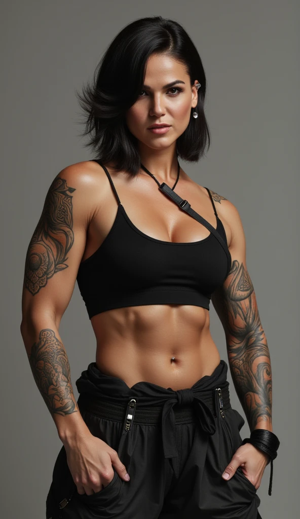 Create a realistic young tattooed muscul girl, perfect face, beautiful makeup, fit body, abs,muscular arms, muscular legs, sports bra, yoga