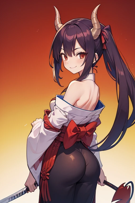 anime artwork, score_9, score_8_up, score_7_up, score_6_up, score_5_up, score_4_up,sparkle \(honkai: star rail\),1girl, twintails, black hair, medium breasts, red eyes, red eyeshadow, fox mask , , , , , she is 24 years old, , ,horny, , , , style_3, ,,, floox style, . one-piece swimsuit. from below, cameltoe, from behind, , looking at viewer, grin, sky, clouds, sun, ass, . parkle is a young woman who has black hair that is tied into two high pigtails with a red tie. Her hair reaches her hips and has pink tips, fringe middle bangs, and two locks in front, with the left lock reaching her collarbone and the right lock reaches her shoulder. She has fluorescent pink eyes with tiny black dots under each of her eyes. Additionally, a white-and-red Kitsune mask is at an angle on the top of her head. Ass focus, heavenly ass, hand on own ass