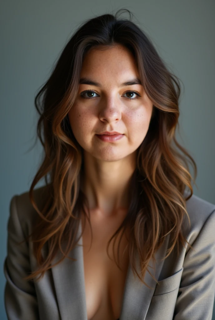 foto de uma mulher com pele branca e cabelo castanho claro. cabelo muito comprido. Cabelos muito lisos. cabelo jogado para o lado. Looking at the camera. She is wearing a dark pink blazer and chic casual white pants. boca fechada. She is sitting in a modern, sophisticated office. muito realista, detalhes