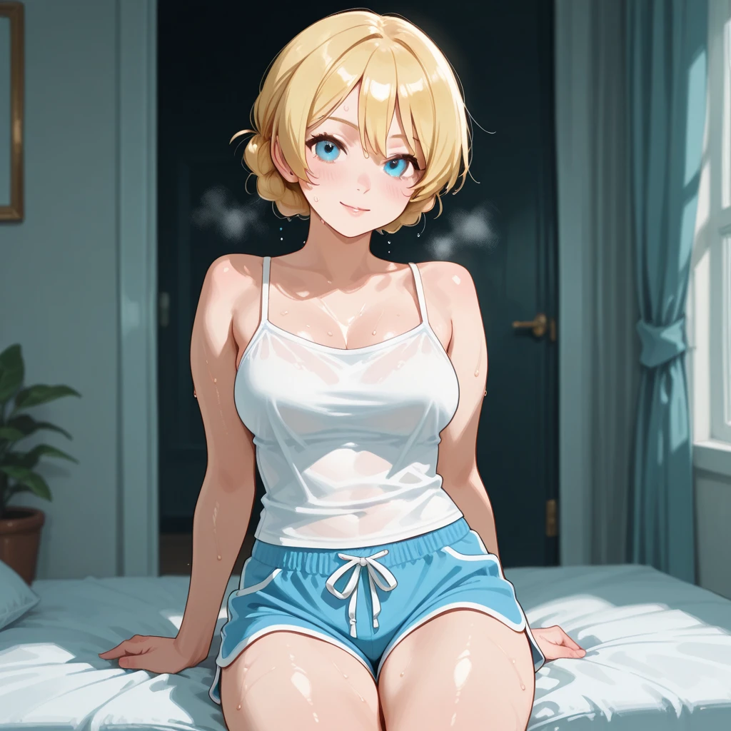 2D Anime Style、Blue eyes、breasts are slightly larger、,A cool adult woman with short blonde hair and a shy expression has sex.............、In the bedroom at night,spread legswide,Almost naked,Spread the genitals,Accept a man'Sexual organics,A large amount of cloudy water overflows from the genitals