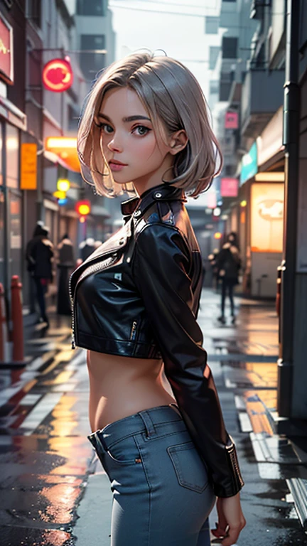 an woman with short white hair a standing in the street, bokeh, highly detailed hookerchic, looking at camera, makeup , hookerchic <lora:Hooker_Chic_v2-000065:0.95>