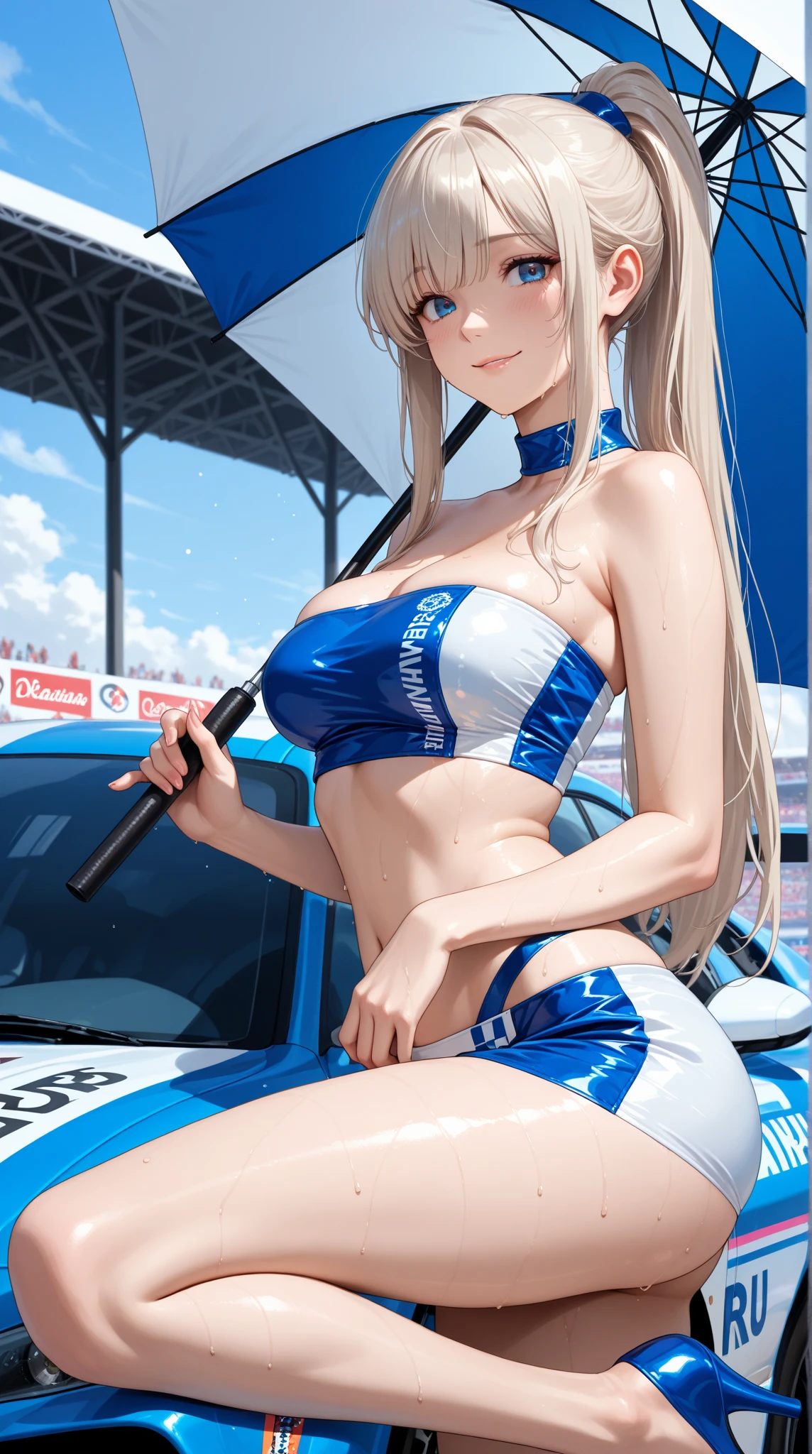 long blonde hair twintails, busty, cleavage, Light purple detailed lace lingerie, (full body Esbian)、off the coast、bow ribbon、Running on a watercraft、North Shore、detailed jet ski、Between the waves、High waves、Happy smile、Dynamism、jet ski pro、Professional riding、Fancy lighting、Cool