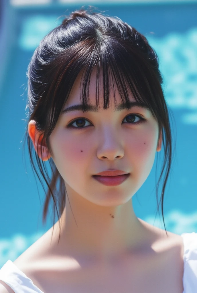 ulzzang-6500-v1.1, (Raw photo:1.2), (Photorealistic), Beautiful detailed girl, Very detailed eyes and face, Beautiful detailed eyes, Huge file size, High Resolution, Very detailed, Best quality, [Masterpiece:1.6], Illustration, Very detailed, CG, Fine detail, Best quality, 8k wallpaper, Movie lighting, 1 girl, 17 years old, Perfect body shape, Big with tension, [Big, heavy breasts, J cup: 1.9], cute droopy eyes, beautiful big eyes, sweaty and wet, [sexual arousal: 1.6], (whole body is wet: 1.2), light in the eyes, short hair, high school girl, (Japan school swimsuit, navy blue one-piece swimsuit, navy blue Japan student swimsuit: 1.3), pool, dynamic pose
