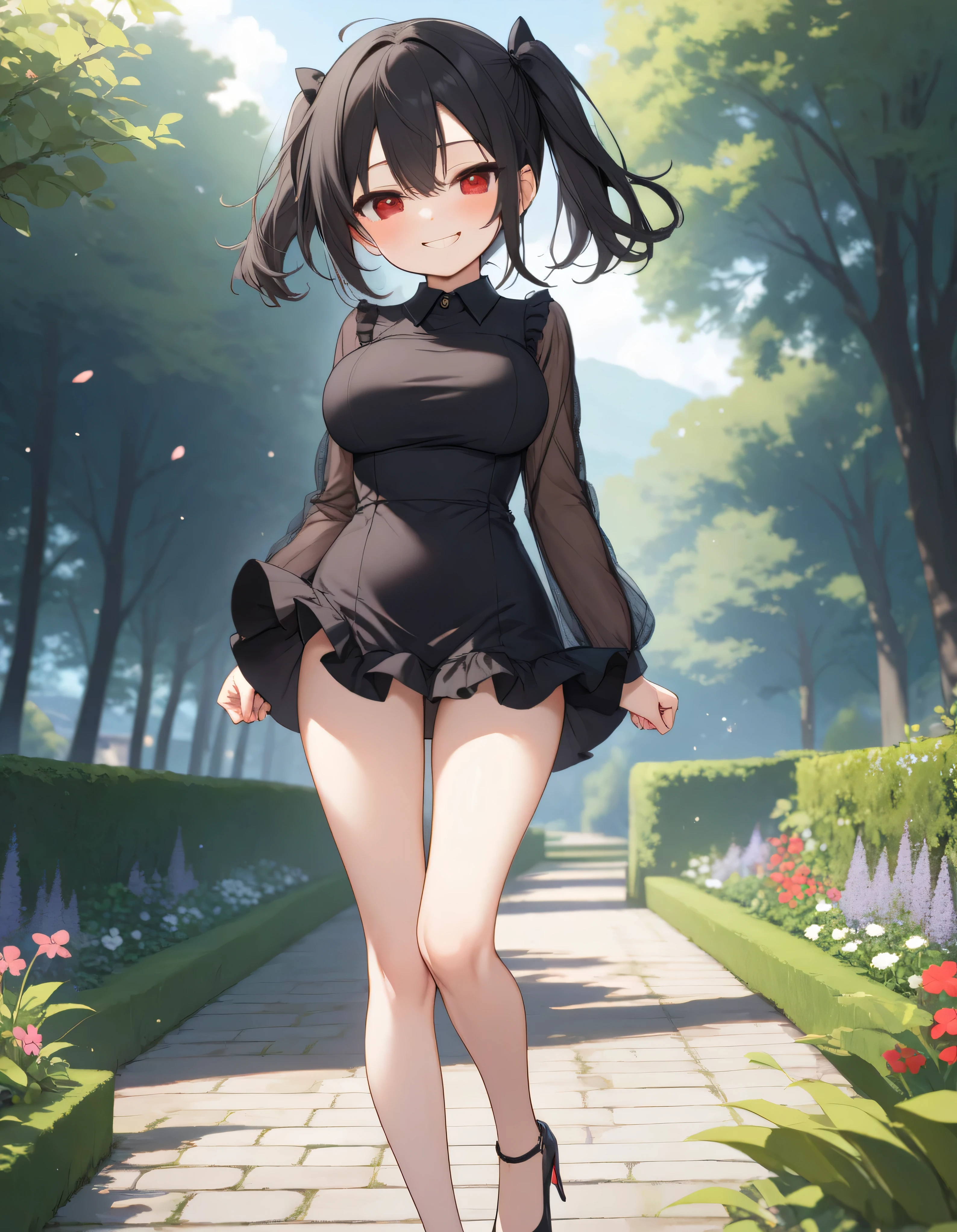 score_9, longlegs_v0.22_pony, landscape, garden, BREAK, solo, 1 small skinny girl walking, skinny petite girl, arched back, arms behind back, (bouncing huge breasts), smile for viewer, half-closed eyes, (jitome), tiptoe, BREAK, black hair, (very long two side up:1.1), red eyes, narrow shoulders, (too small torso), (too short torso), (bursting disproportionately large breasts:1.2), (perky breasts), too narrow waist, very skinny hip, bared skinny thighs, skinny legs, BREAK, (black frilled black short mini dress), frilled long sleeve, thigh gap, (groin slip), bared skinny legs, stiletto heels, BREAK, {nsfw}, {orgasm}