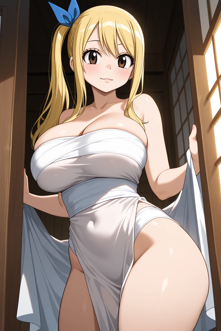 Masterpiece, high resolution, Highschool of the dead art style, beautiful detailed face, Marikawa Shizuoka, 1 girl, ((bimbo))), long blond hair, yellow eyes, puffy lips, thick lips, wide hips, thick thighs, huge ass, craving lust face, enormous huge natural breasts, mature woman, sexy face, oily shiny skin, cleavage, towel, saggy breasts,