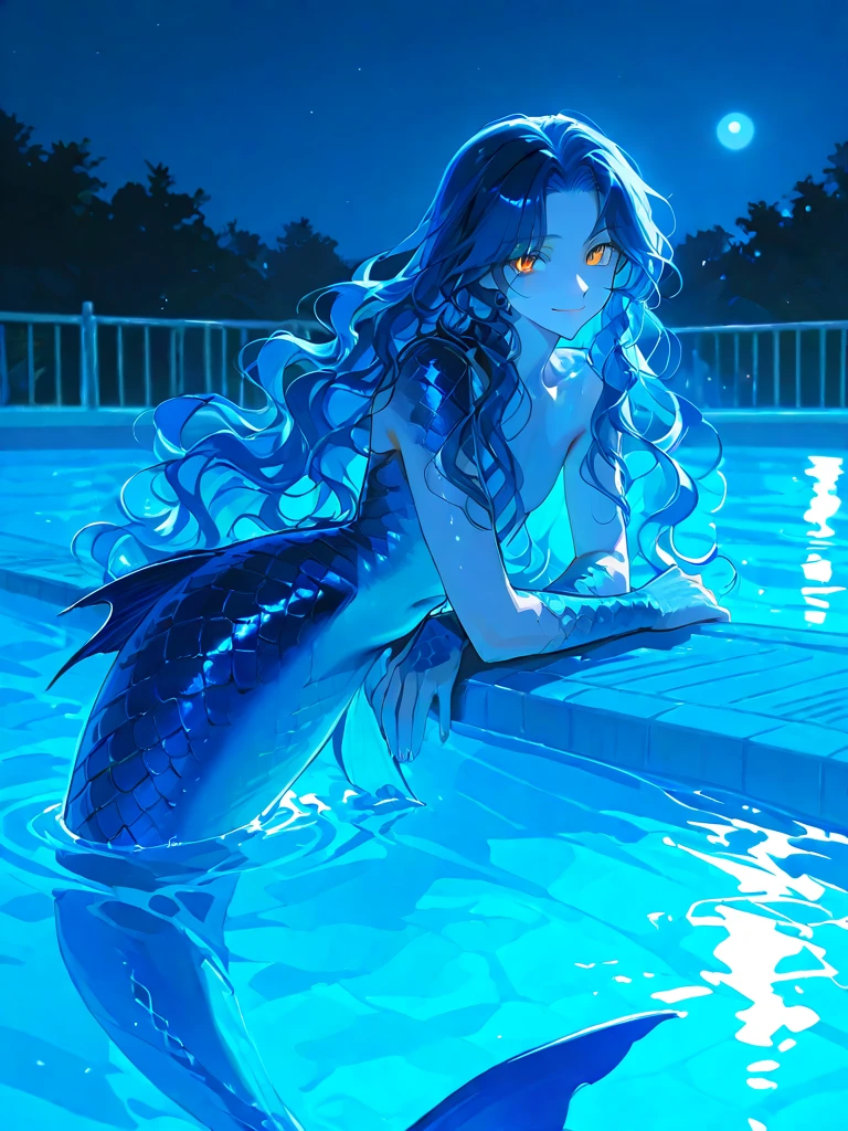 Anime Line Art a young brunette teenage delinquent girl wearing black ripped lingerie is being seduced by a statuesque female mermaid with violet colored hair and a dark purple fish tail while halfway submerged in the water on a beach at night