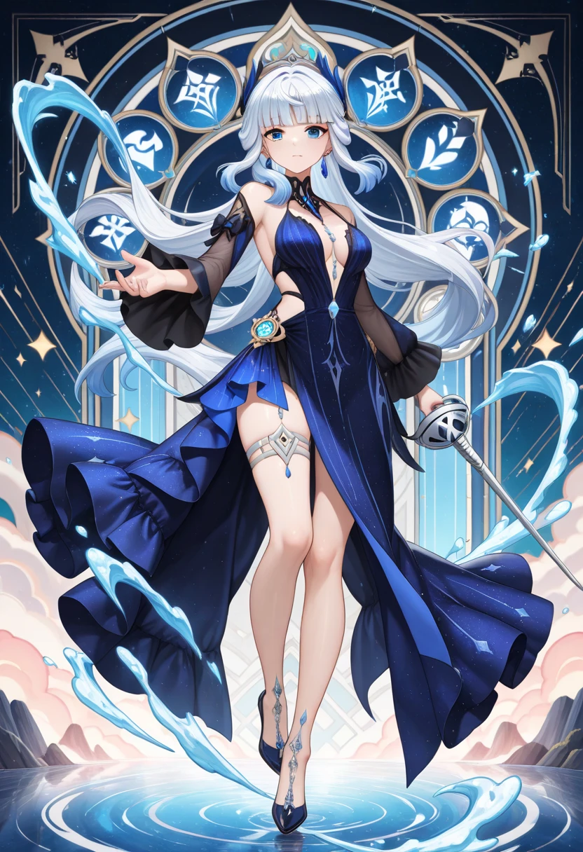 Masterpiece, 30 years age, female, long Silver hair, wearing mermaid headband, pearl necklace, Slanted eyes, blue navy long sexy dress, high heels, standing at Small island, Holding a dragon water sword, serious expression, with a sharp gaze, beautiful face, Full body, zoom out