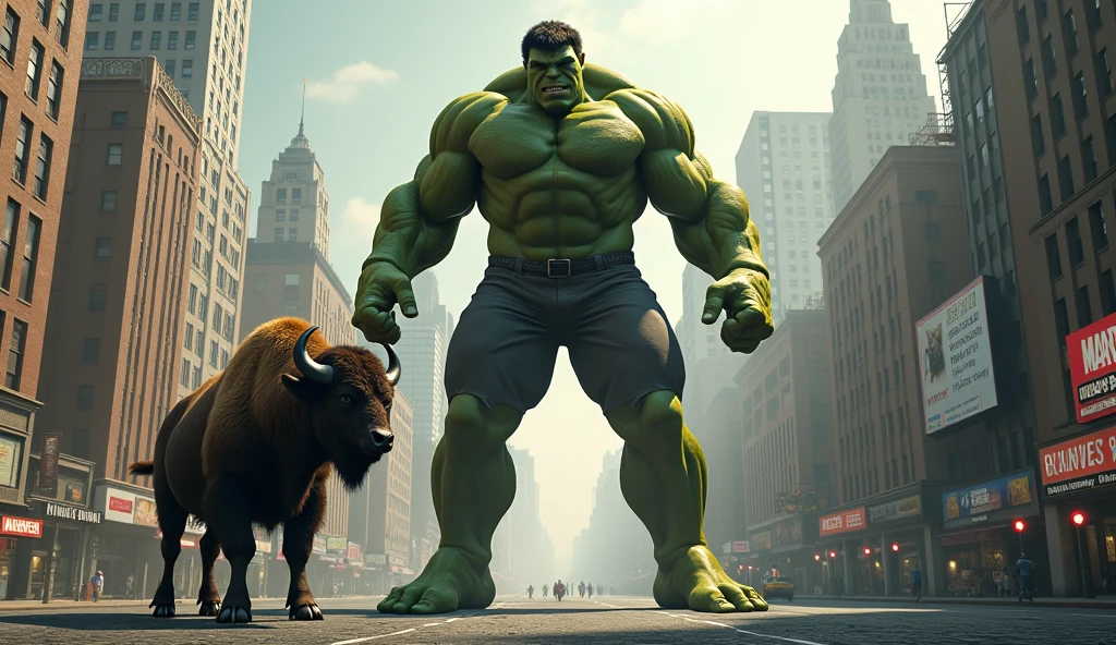 Hulk travel with horse in blue neon city , heavy rain with fog