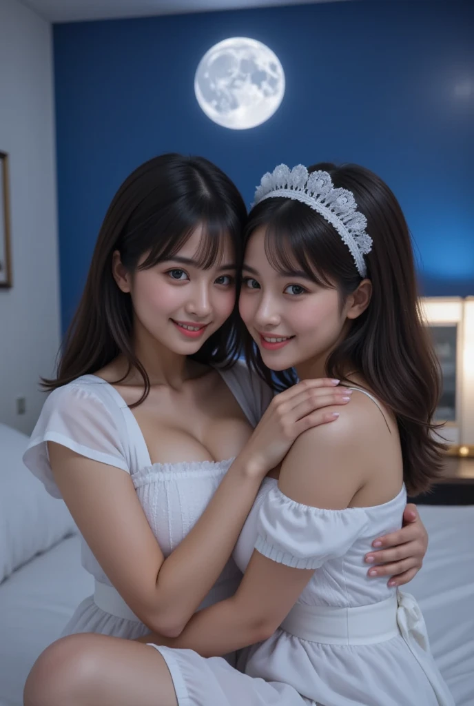 finely detail, high resolution, high quality、Perfect dynamic composition, Beautiful detailed eyes, PONY tail hair, Beautiful breasts 、Natural Color Lip, up of face,Kamimei、2 girls in、Transparent skin、Glowing hair、 luxury clothes、tight skirt、intricate lace、complex dress、intricate hair ornament、Complex earrings、Complex necklaces、bedroom, hug together, perfect hands, perfect fingers , hourglass body, cleavage, see thought 