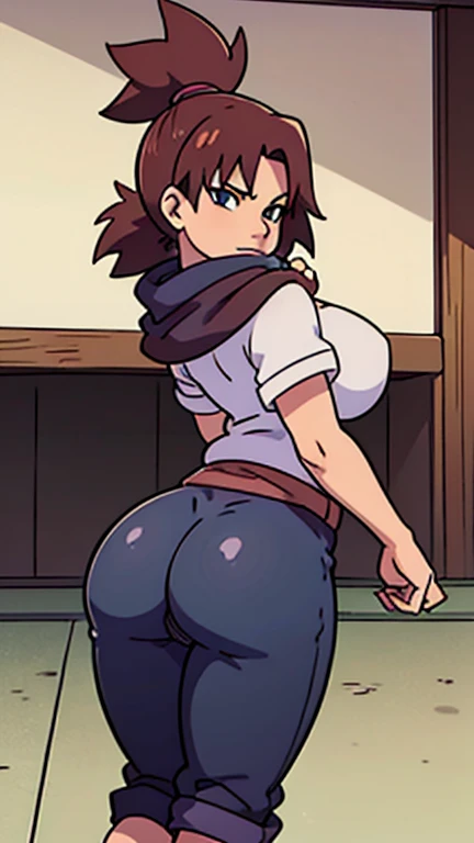 cowgirl's massive rear butt cheeks from behind out of topless vest out bare and wet pants spreading her legs, gloved hands hidden behind head, sunglasses
